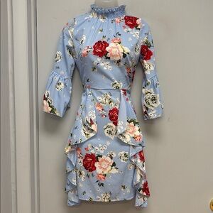 AX Paris Floral High-Neck Ruffle Dress – Light Blue | Size 10 | S/S 2019